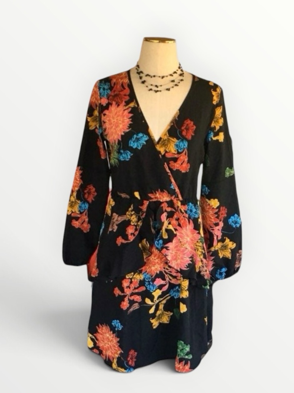 NWT UGuest Floral Mini Dress Size Small Black Long Sleeve V Neck Ruffle Boho